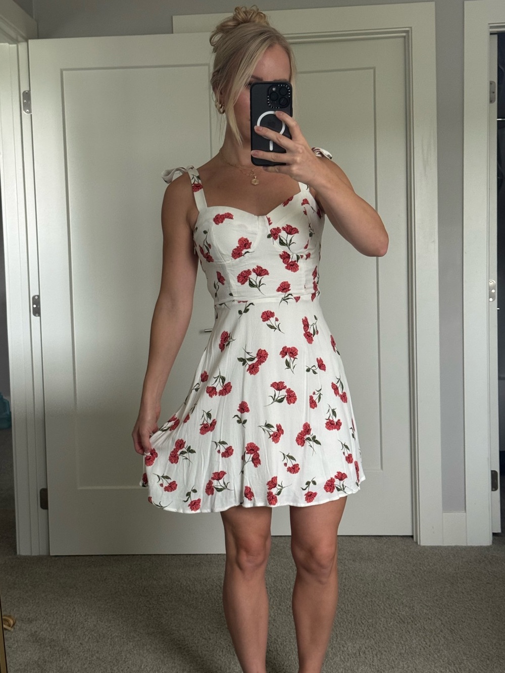 And Now This White Mini Dress with Red Floral Print and Tie Straps NWT